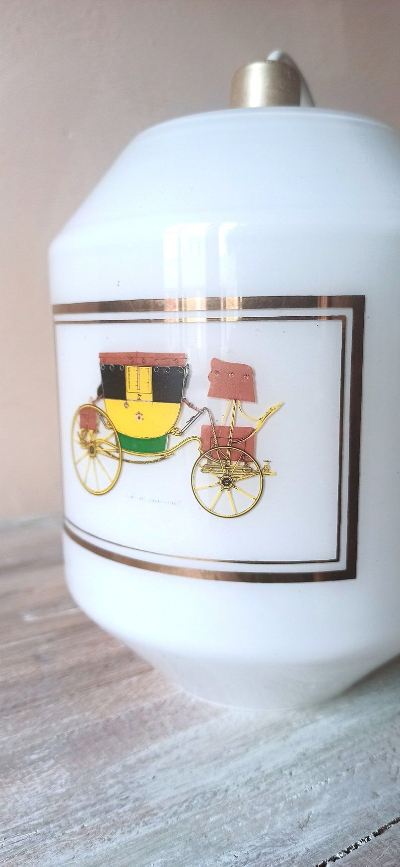 Chandelier luminaire, white opaline with vintage classic car patterns