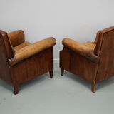 Vintage dutch cognac colored leather club chairs
