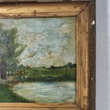 Peinture ancienne signée et datée, paysage animé, peinture à l’huile sur panneau de bois