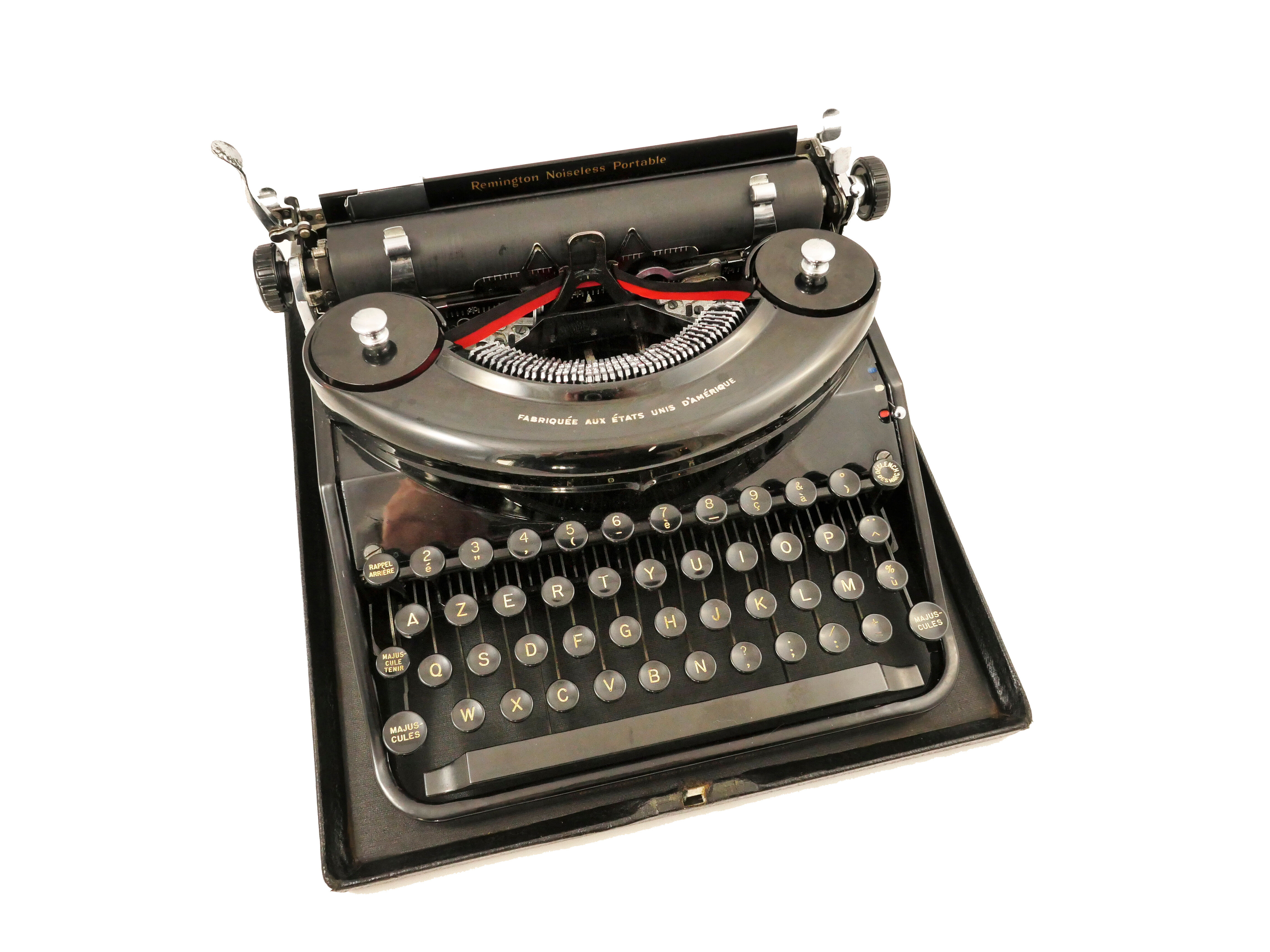 Machine à écrire Remington Noiseless portable noire de 1935 révisée ruban neuf