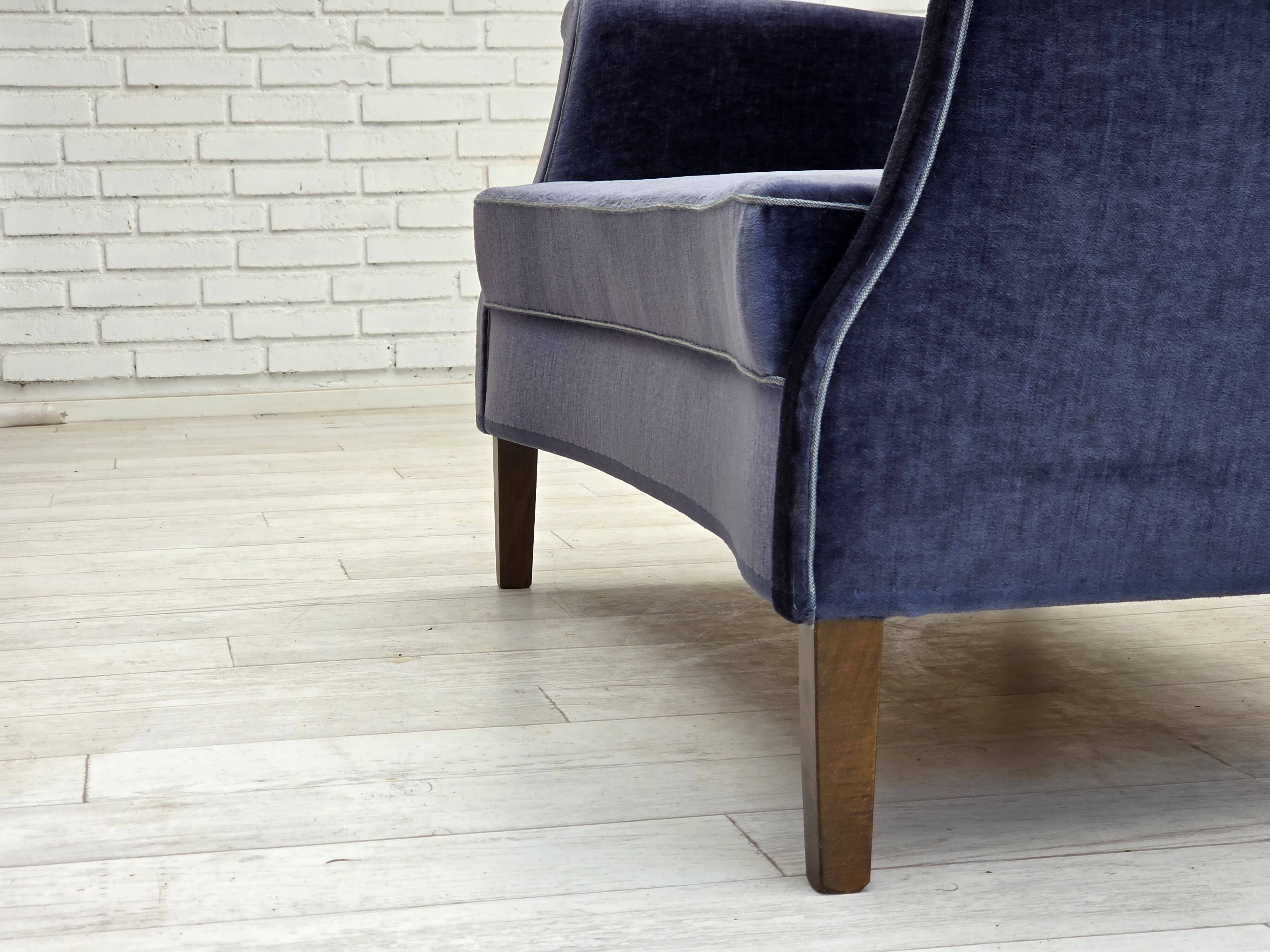 1960s, Danish 2-seater sofa, original blue furniture velour, beech wood.