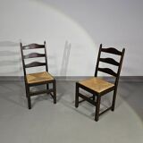 Set of 2 oak, rustic, farmhouse, ladderback dining chairs with rush seats