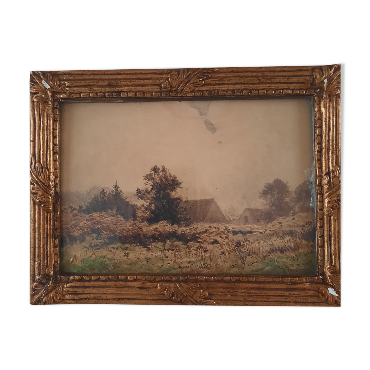 Watercolor painting landscape of a farm and its surroundings signed paul roux 1902