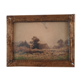 Watercolor painting landscape of a farm and its surroundings signed paul roux 1902