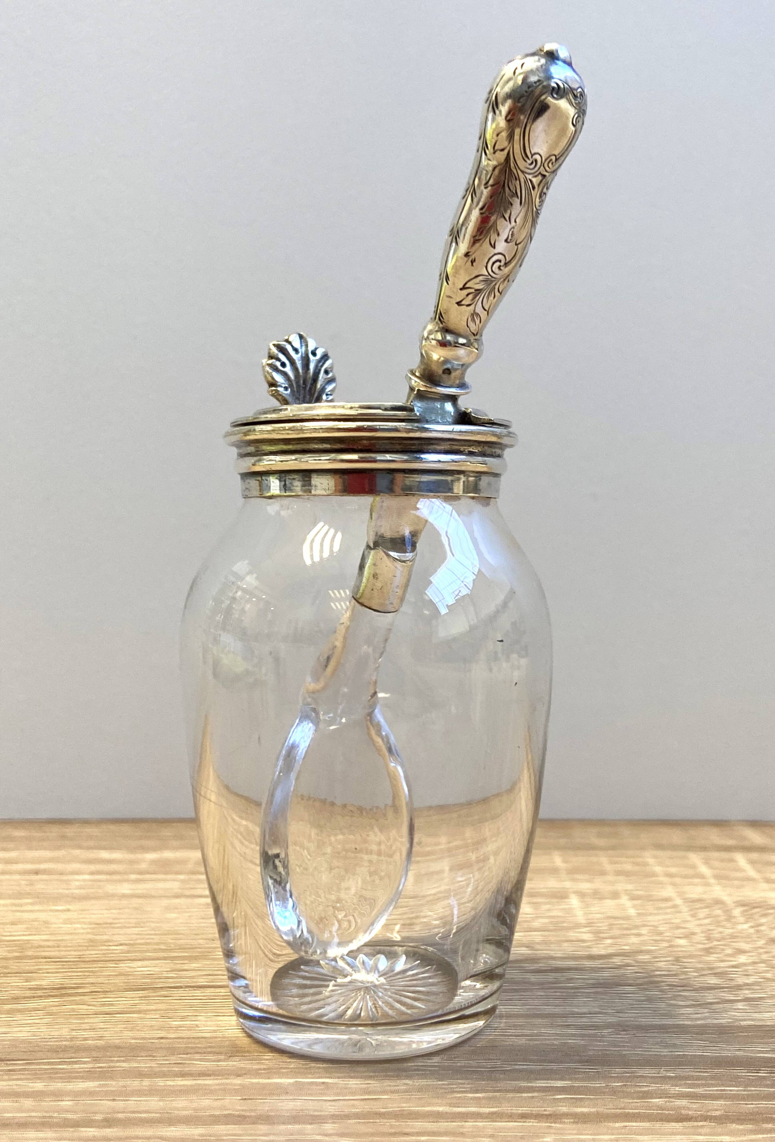 Antique Silver Metal Crystal Mustard Pot + Crystal & Silver Spoon Hallmarked