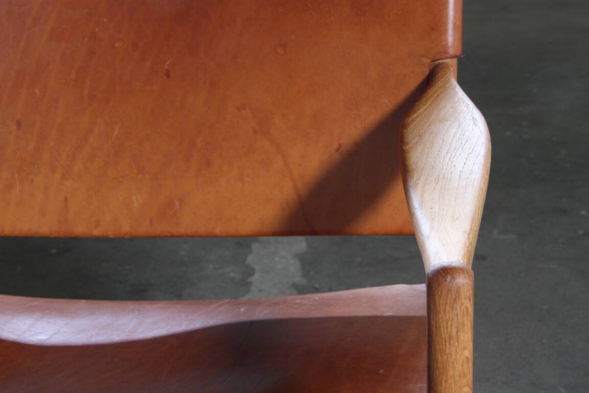 Pair of vintage Per-Olof Scotte "Premier 69" oak armchairs in cognac leather