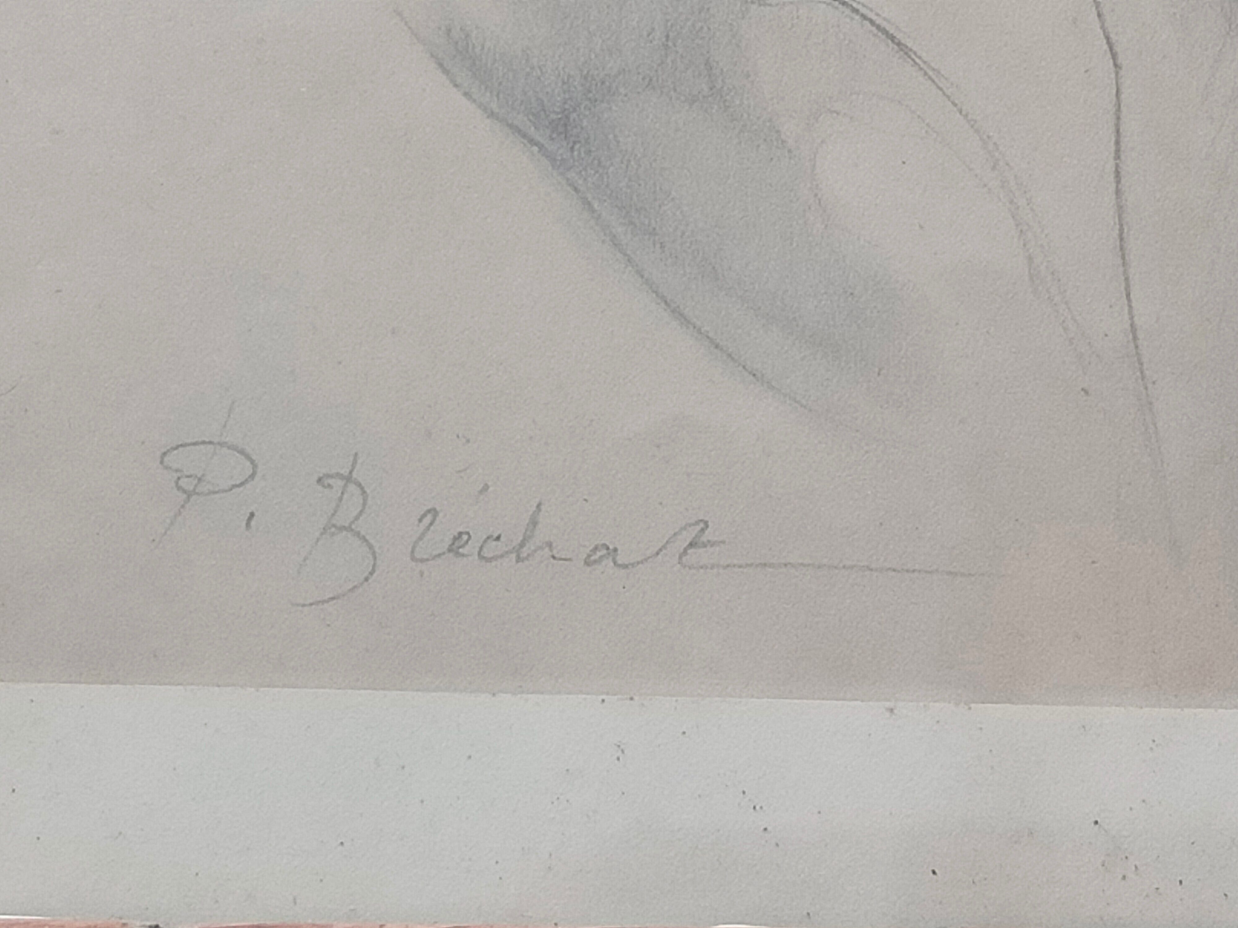 Drawing Female Nude signed P. Bréchat 1955