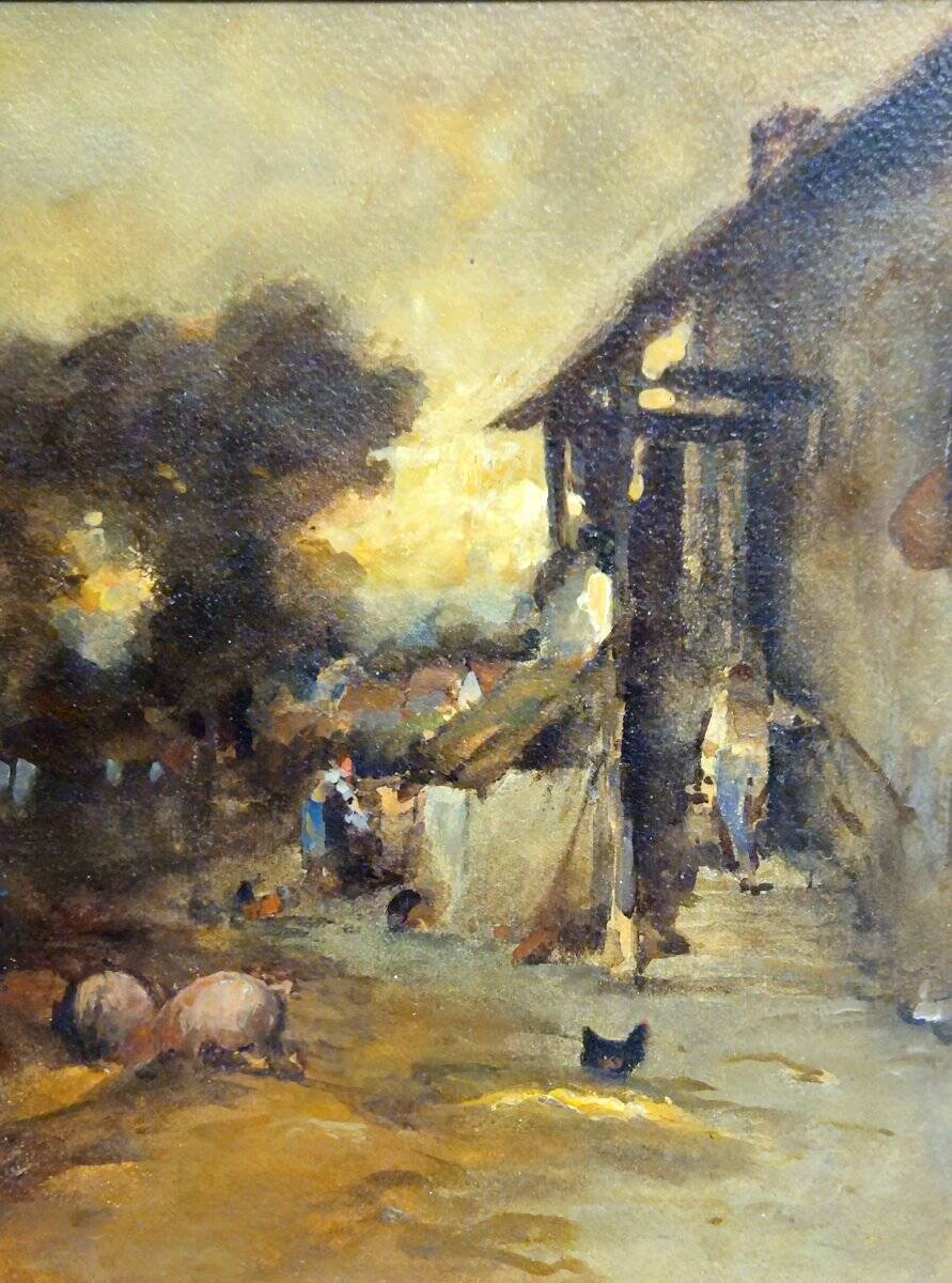 French school – Animated farm scene – Oil on panel