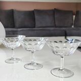 Lot.4. x Cut crystal champagne glasses. Baccarat style. Scale patterns. Multifaceted hexagonal foot