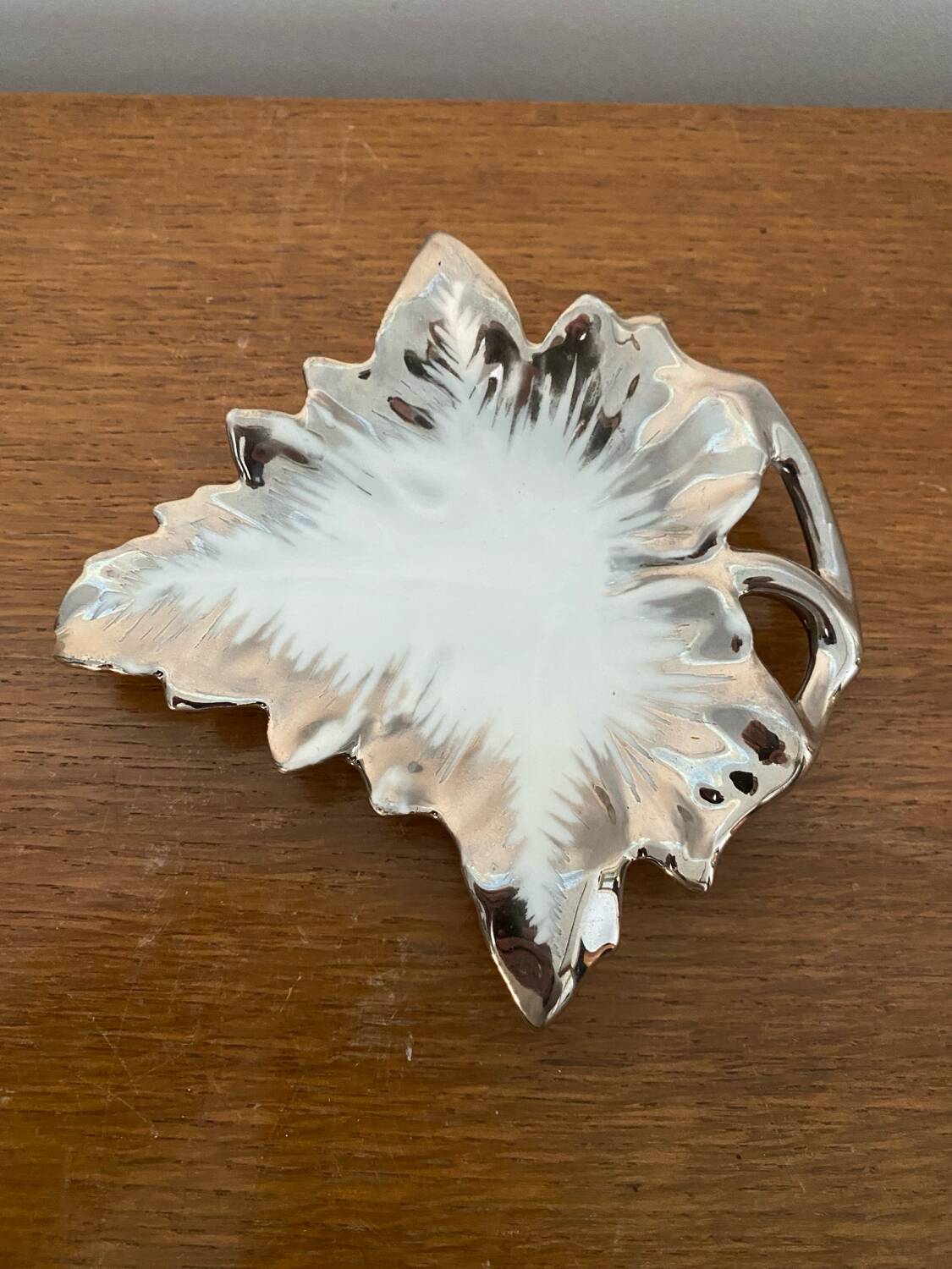 Antique limoges porcelain butter dish leaf shape white & chrome vintage