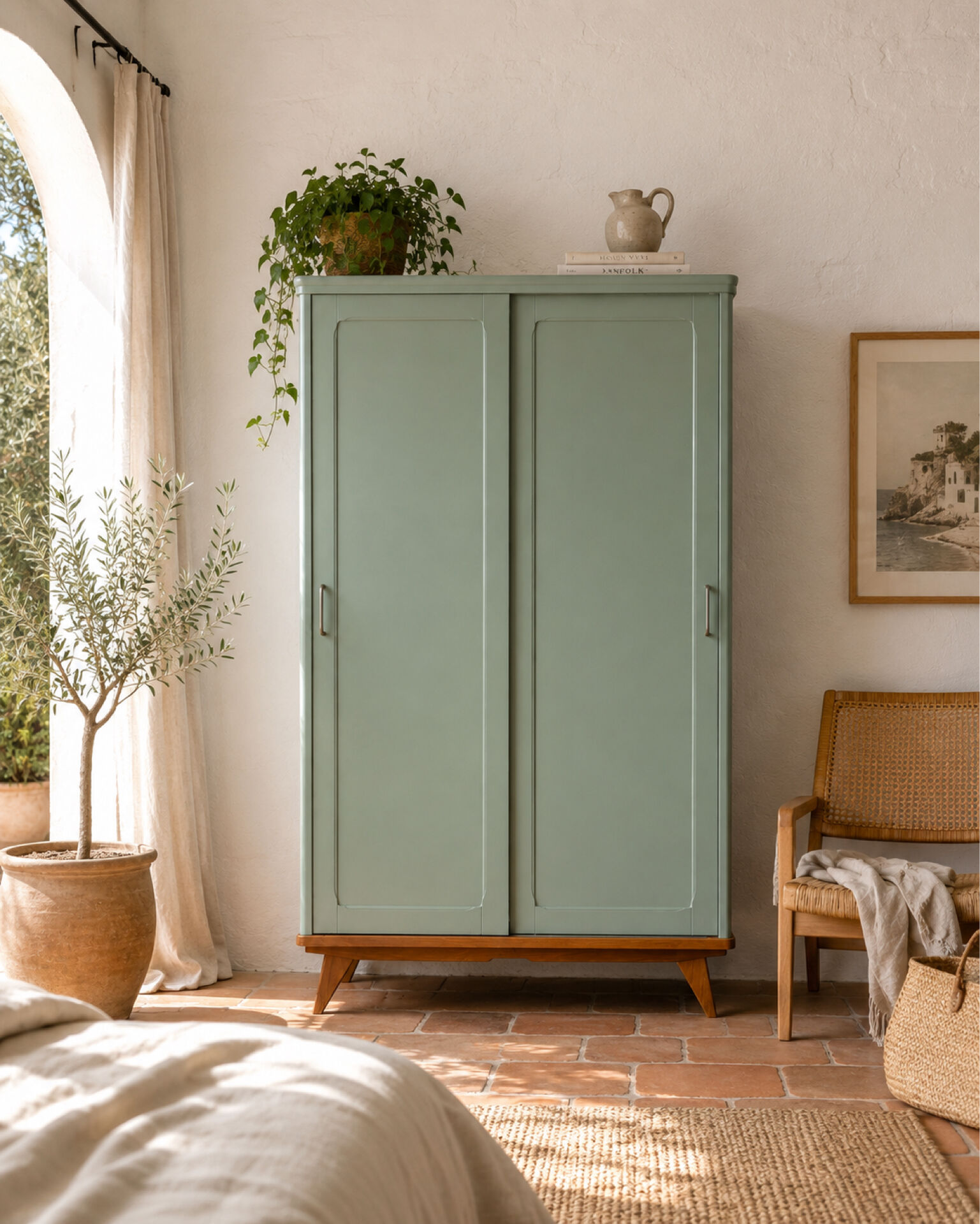 Armoire parisienne penderie 1960 vert grisé rénovée 