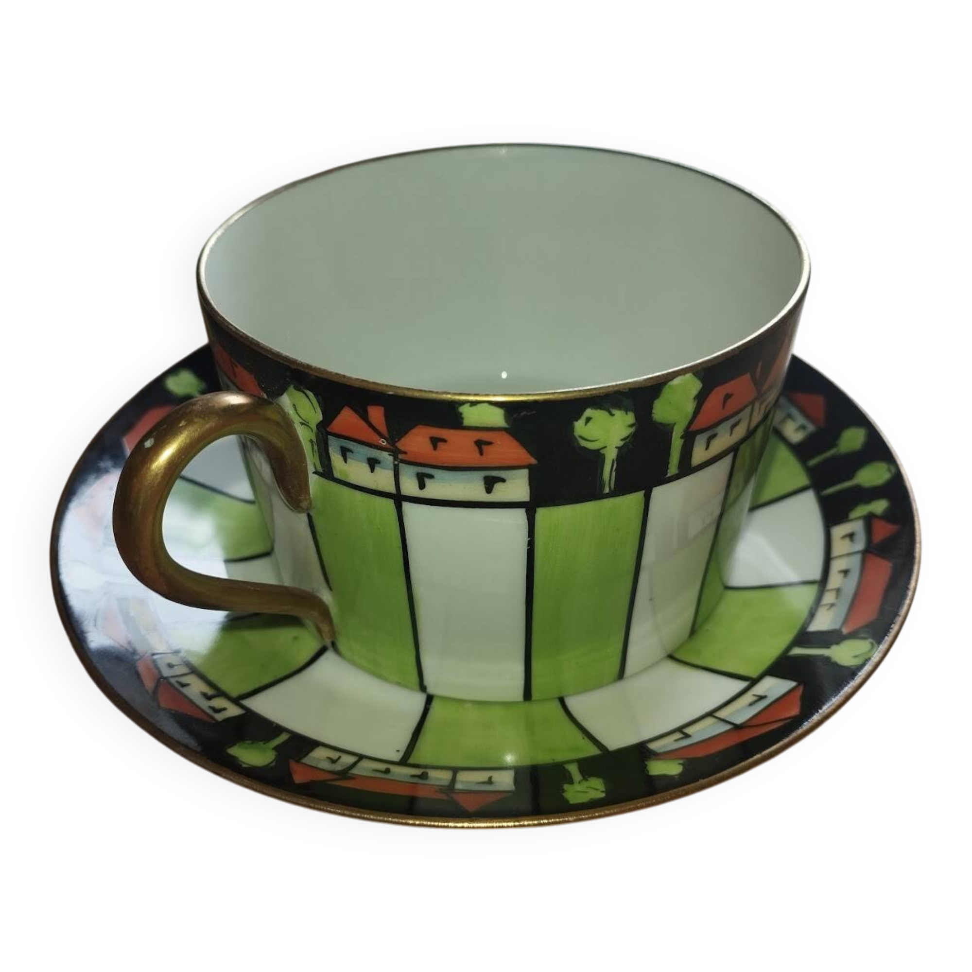 Antique cup and two saucers – Art Deco geometric design