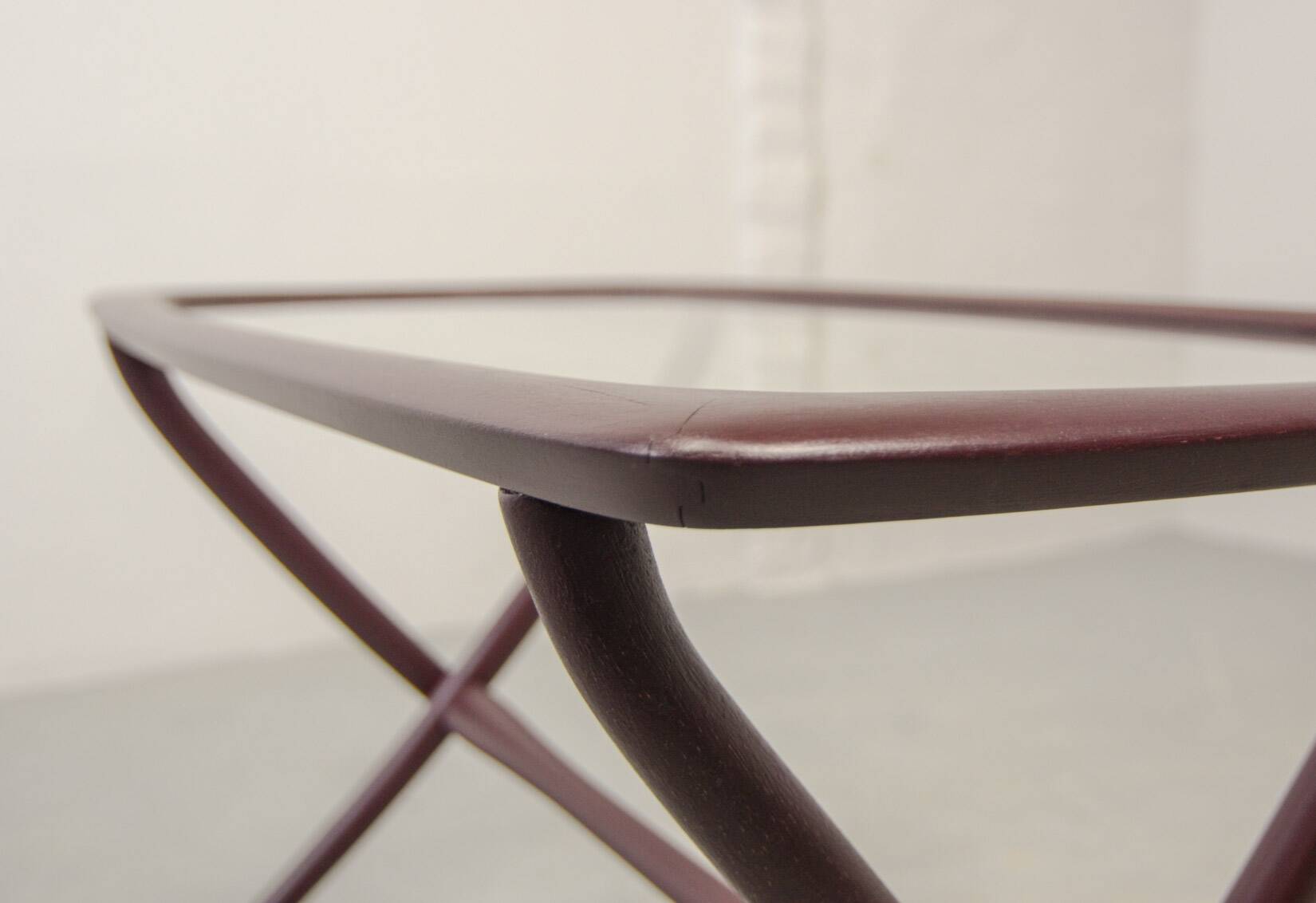 Italian Design Wooden Scissor Frame Side Table with Glass Top. Italy, 1950s