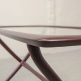 Italian Design Wooden Scissor Frame Side Table with Glass Top. Italy, 1950s