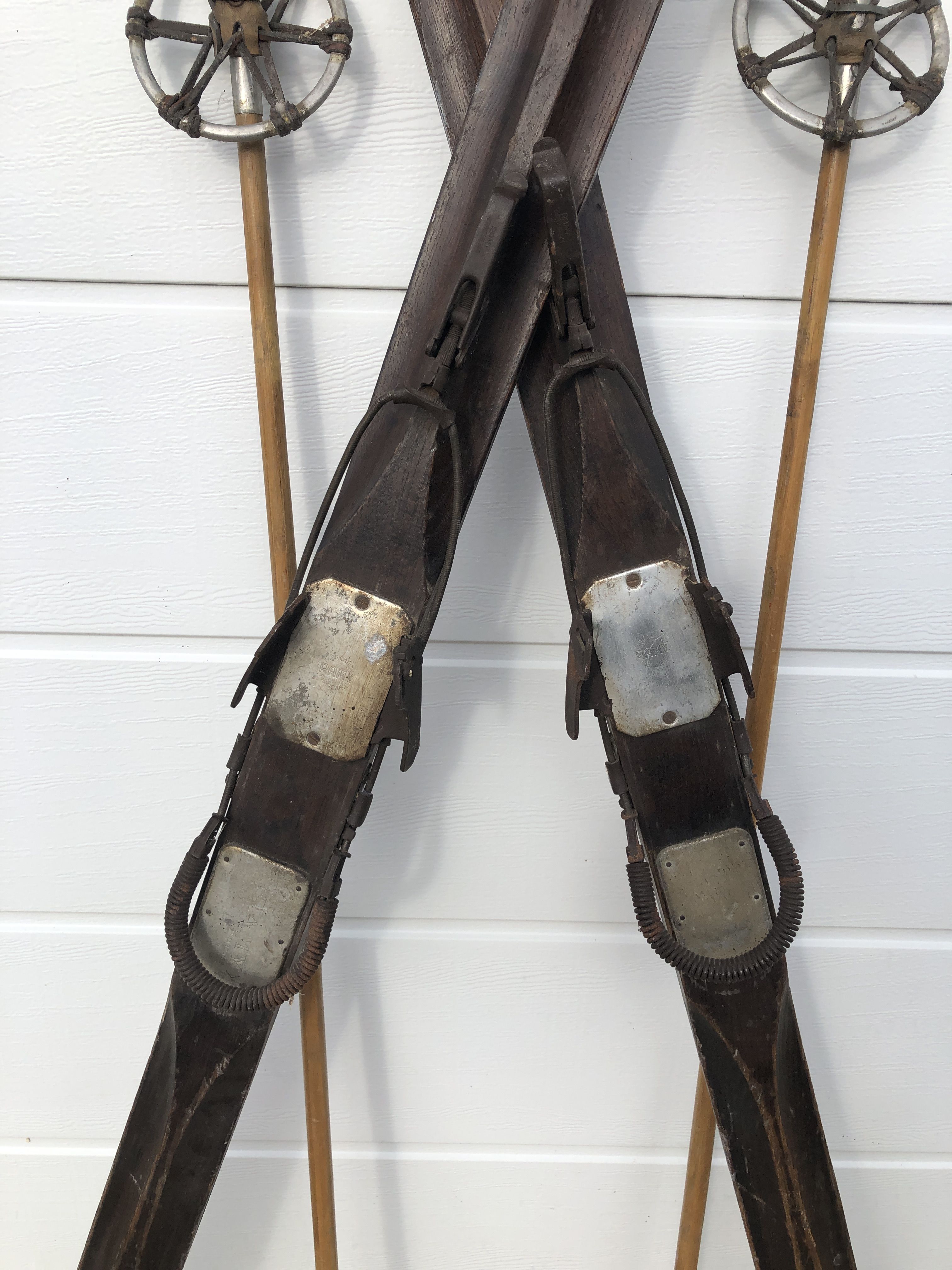 Former pair of Ramy wooden skis - vintage mountain chalet deco sticks