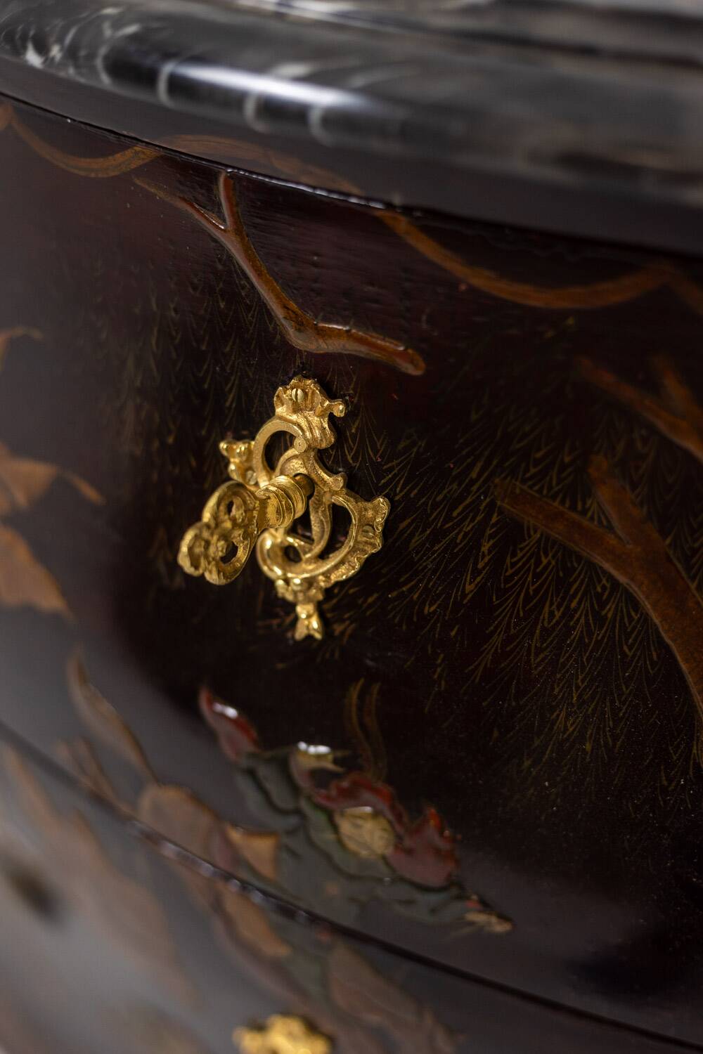 Lacquered chest of drawers with marble top. 1950s.