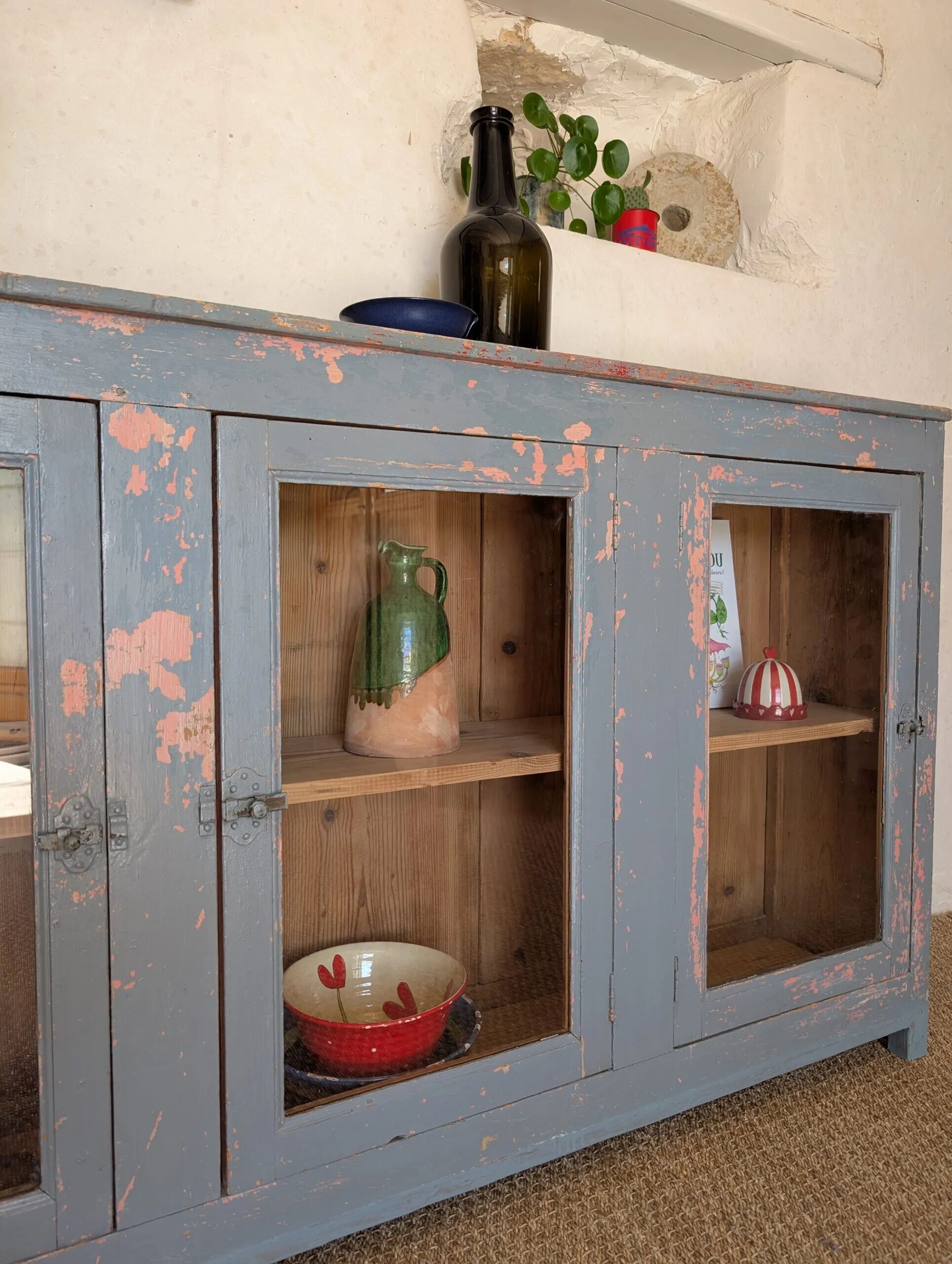 Glazed enfilade antique workbench – blue patina