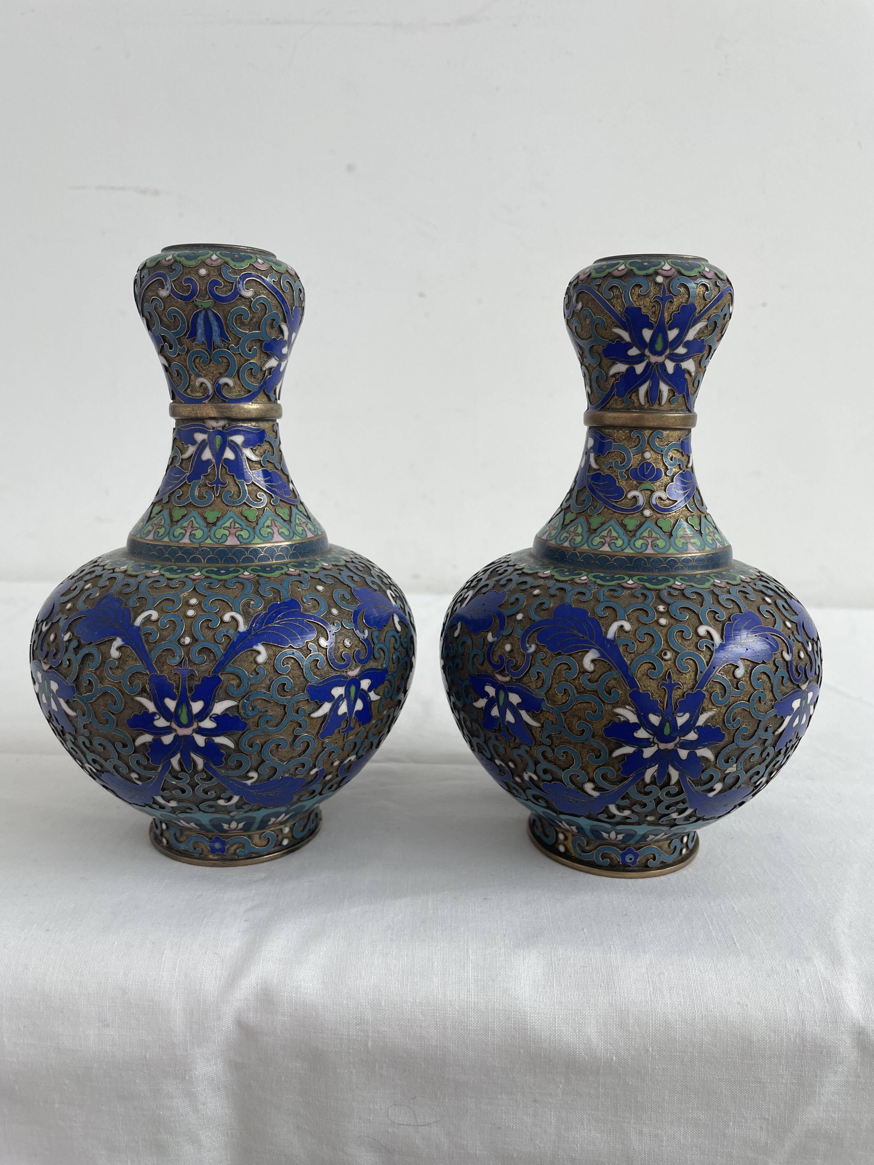 Vintage, pair of vases, Chinese, cloisonné metal, enameled, polychrome floral decor, golden hoop