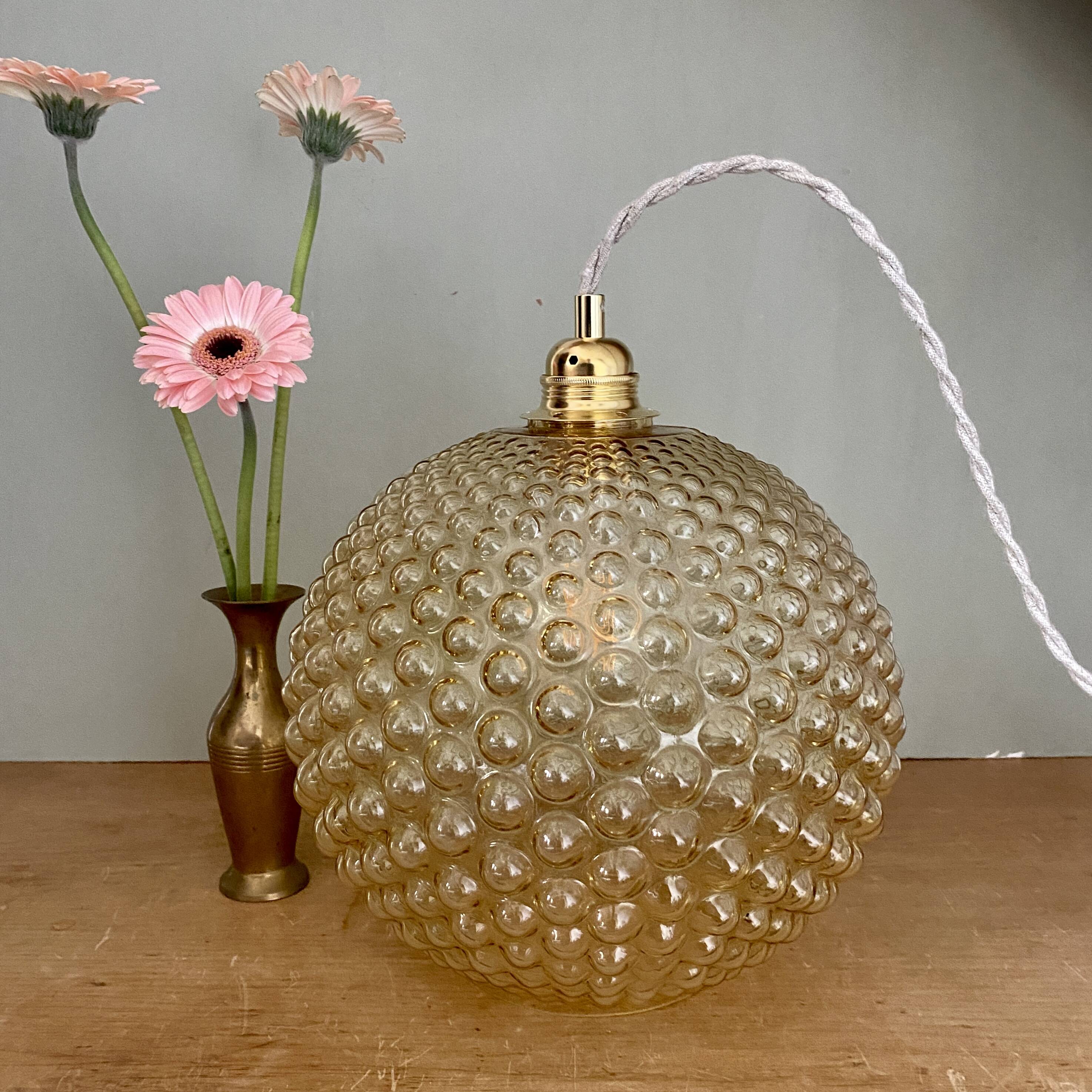 XXL vintage bubbled amber glass globe pendant light