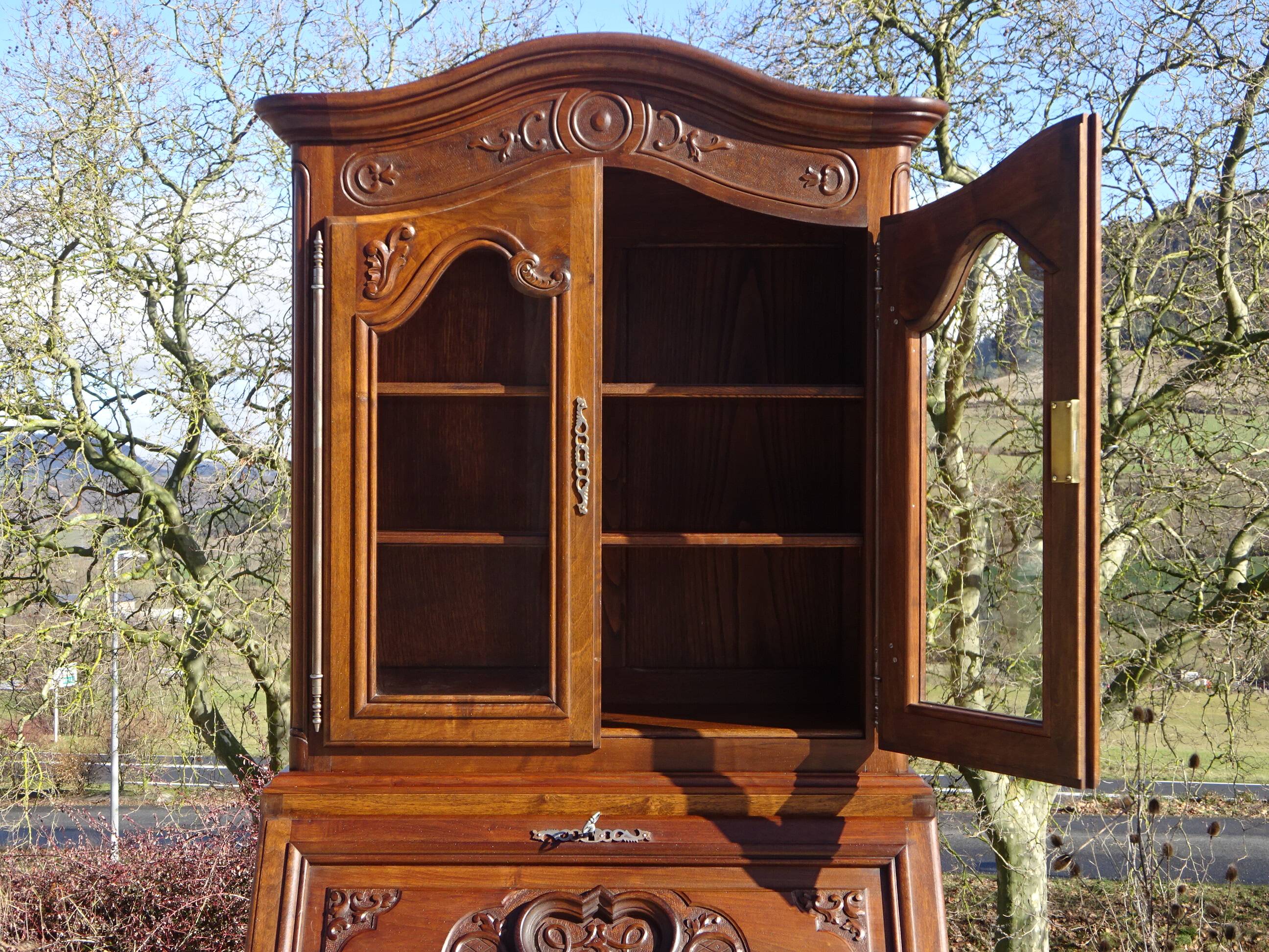 3-in-1 furniture: chest of drawers, secretary, and display cabinet, in walnut.