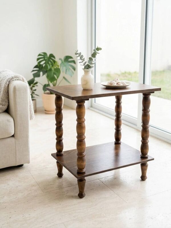 Table d'appoint console ancienne vintage en bois, pieds tournés