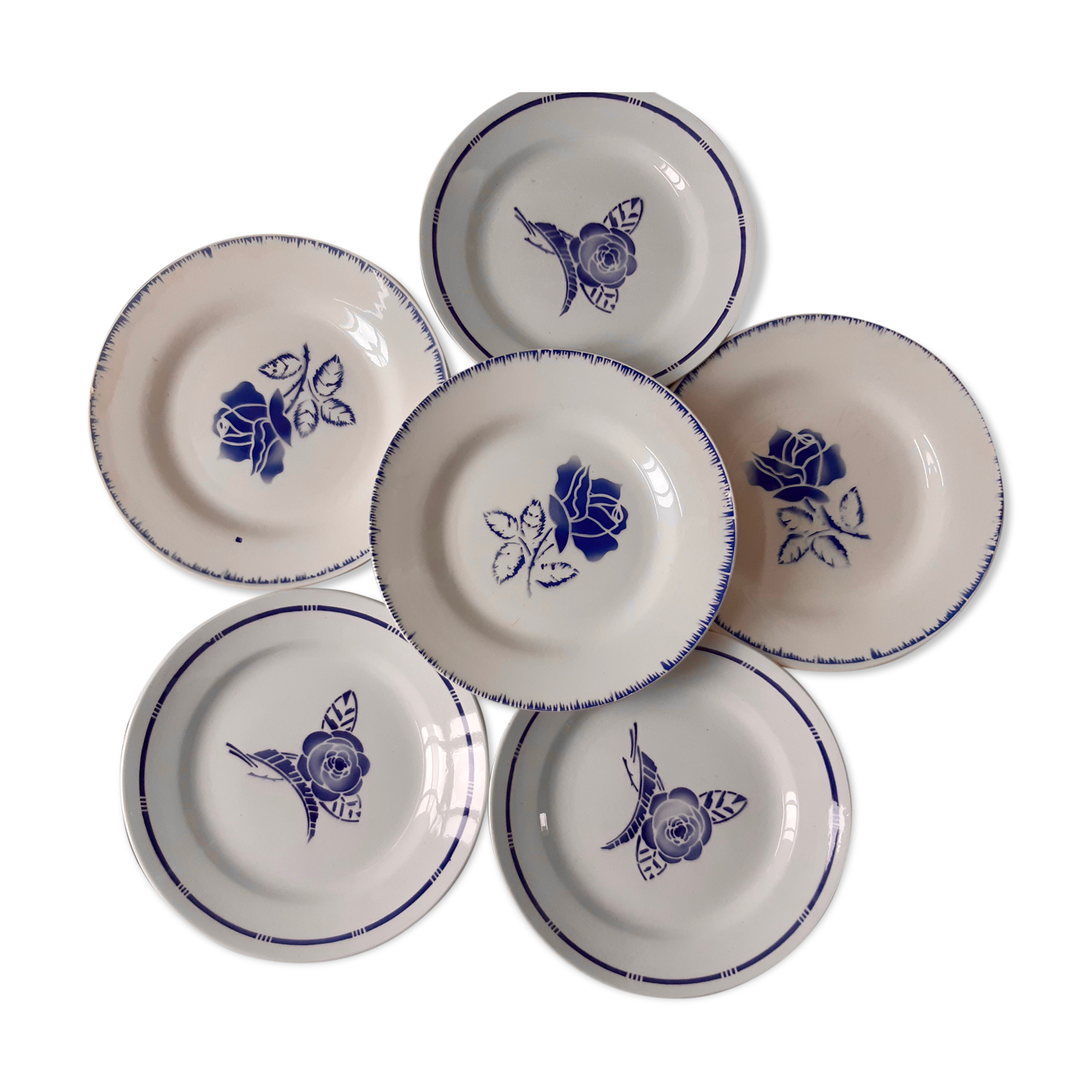 Set of 6 mismatched blue flat plates Digoin Sarreguemines and Saint-Amand