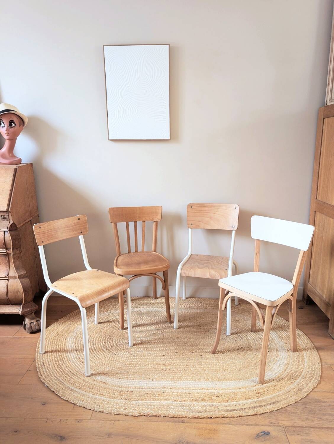 Set of 4 reimagined and mismatched vintage chairs