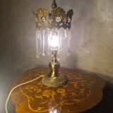 1960s lamp in bronze and brass with glass tear drop pendants, 38x18.