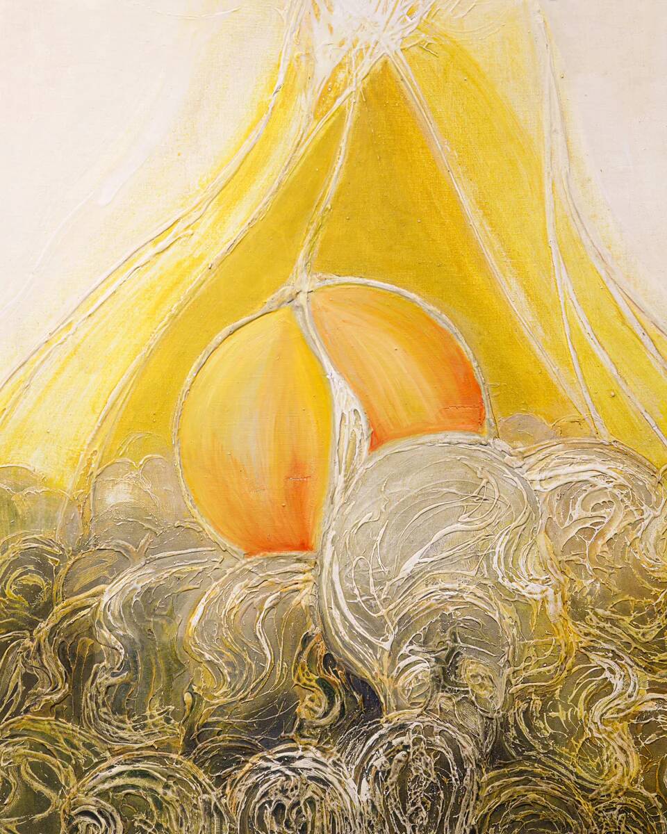 Vibrant mid-century oil painting Mount Fuji at sunset