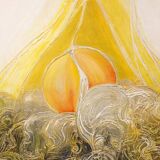 Vibrant mid-century oil painting Mount Fuji at sunset