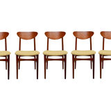 Set of 5 chairs in teak, yellow fabric