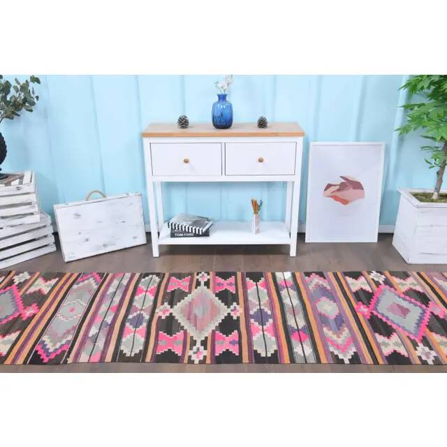 Vintage Turkish Oushak Handmade Wool Cotton Pink Kilim Runner  81x327