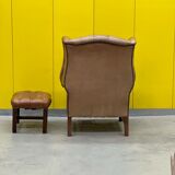 Brown leather chesterfield wing chair with Ottoman