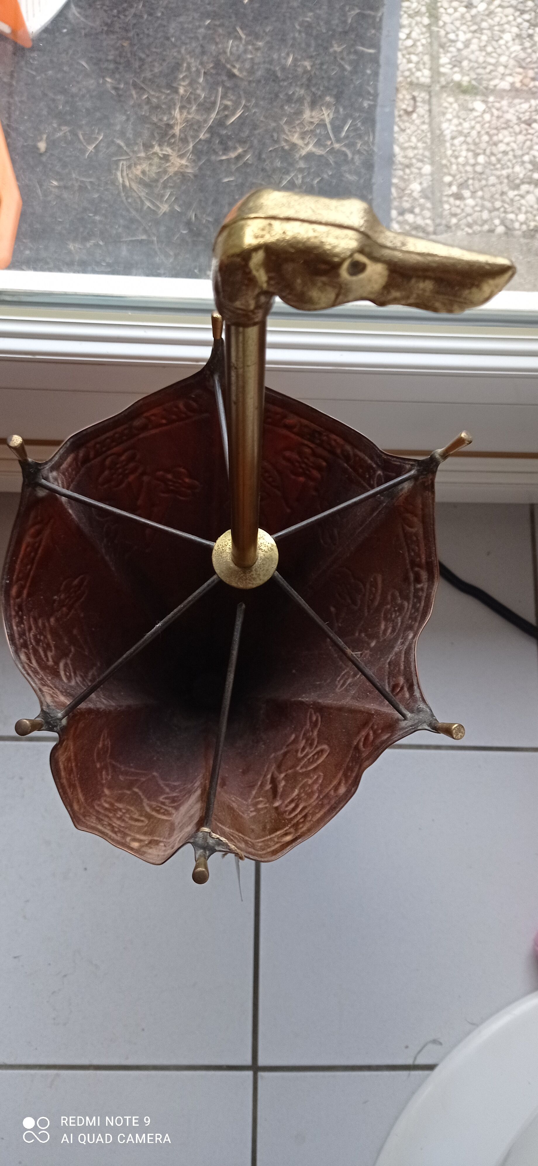 Old copper umbrella holder vintage handle dog head