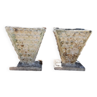 Pair of Reconstructed Stone Planters from the 60s with Shells