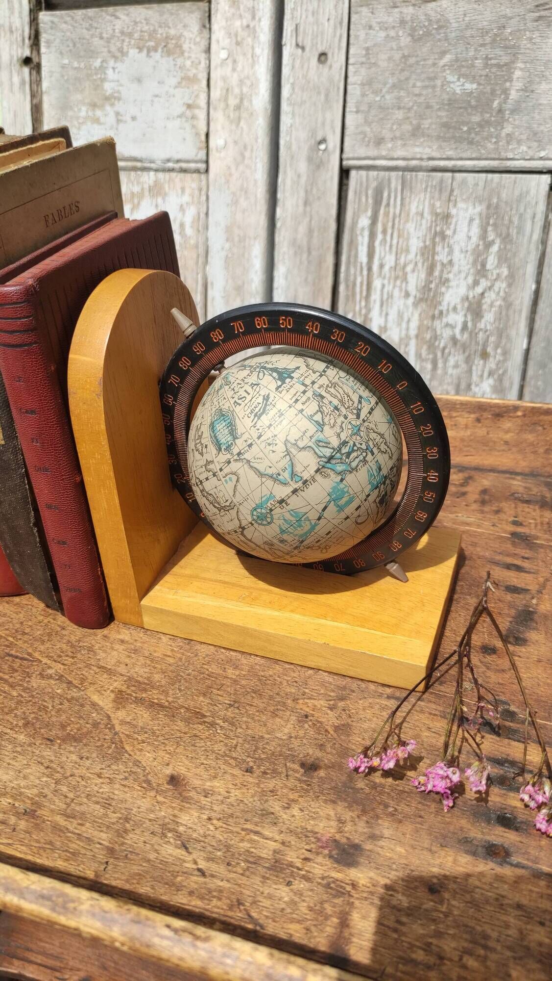 Pair of greenhouses vintage wooden books world map