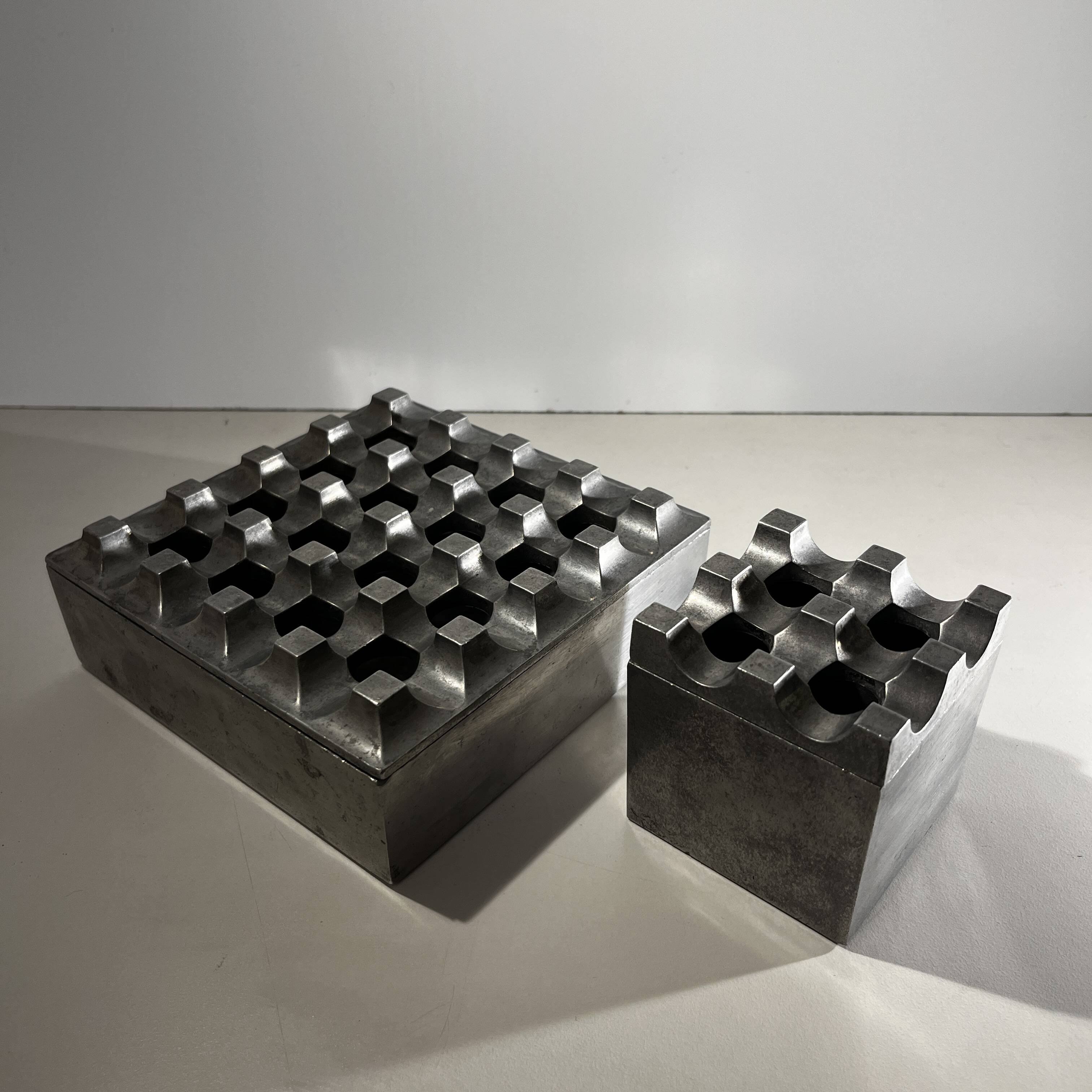 "Ultima15" set of 2 brutalist ashtrays, cast aluminum, ca 1970