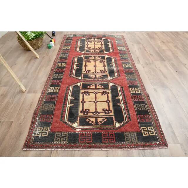 Red Vintage Turkish Oushak Handmade Woven Runner Rug 95x195