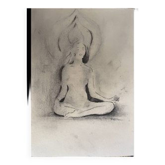 Painting signed charcoal woman buddha zen attitude