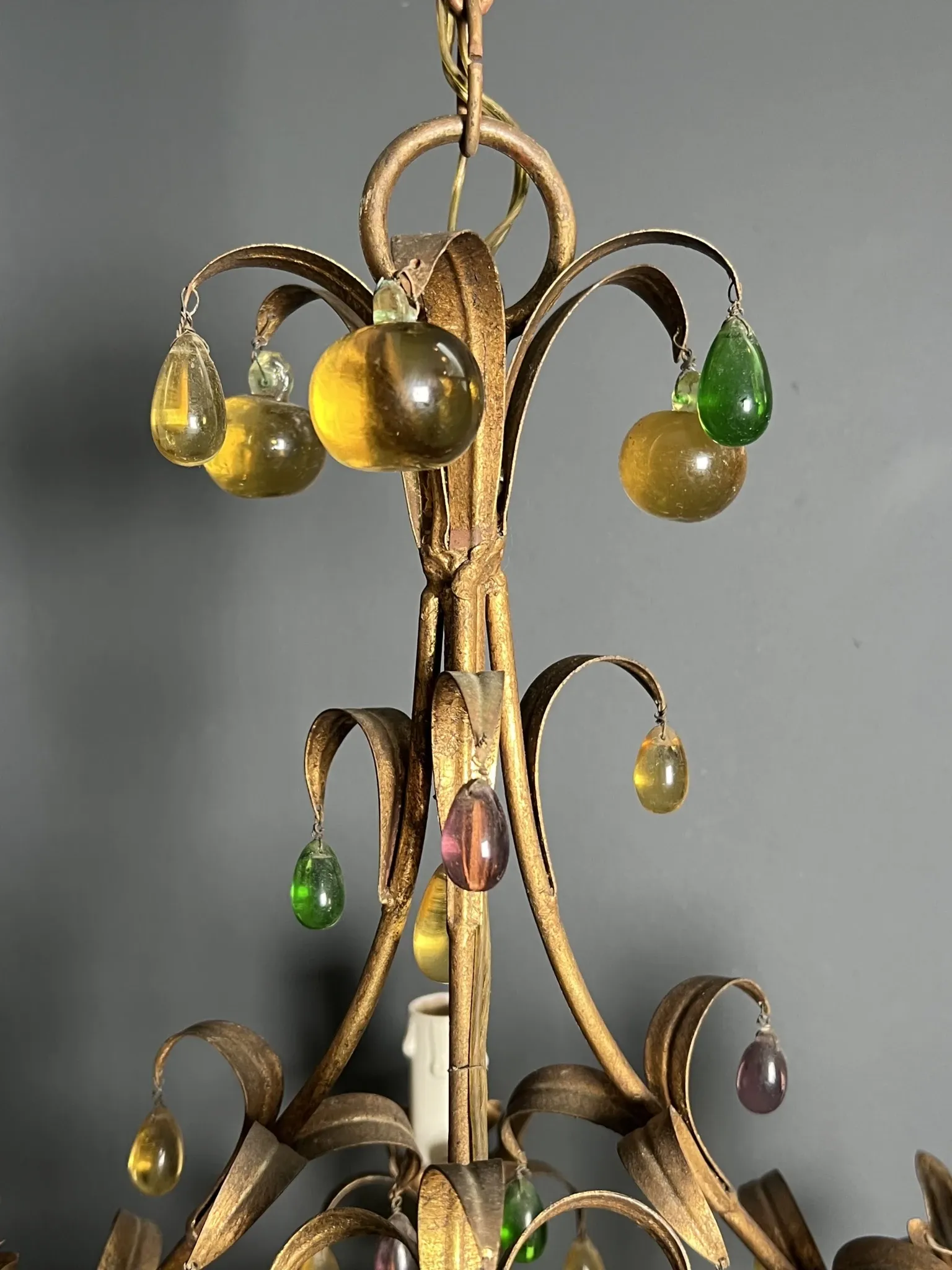 Golden Metal Cage with Leaf and Multi-Coloured Glass Fruit Decoration