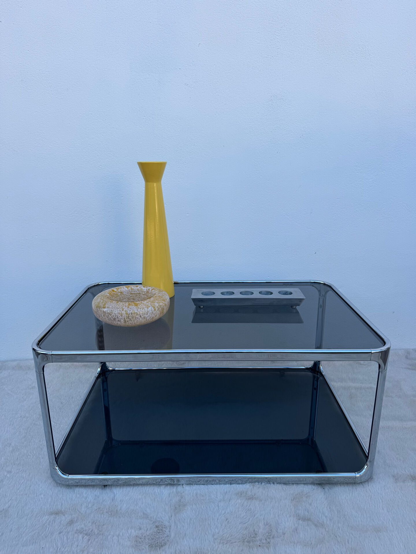 Chrome and smoked glass coffee table from the 1970s.