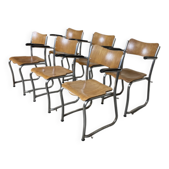 6 stackable rocking school chairs with light wood armrests, 1950s sled base