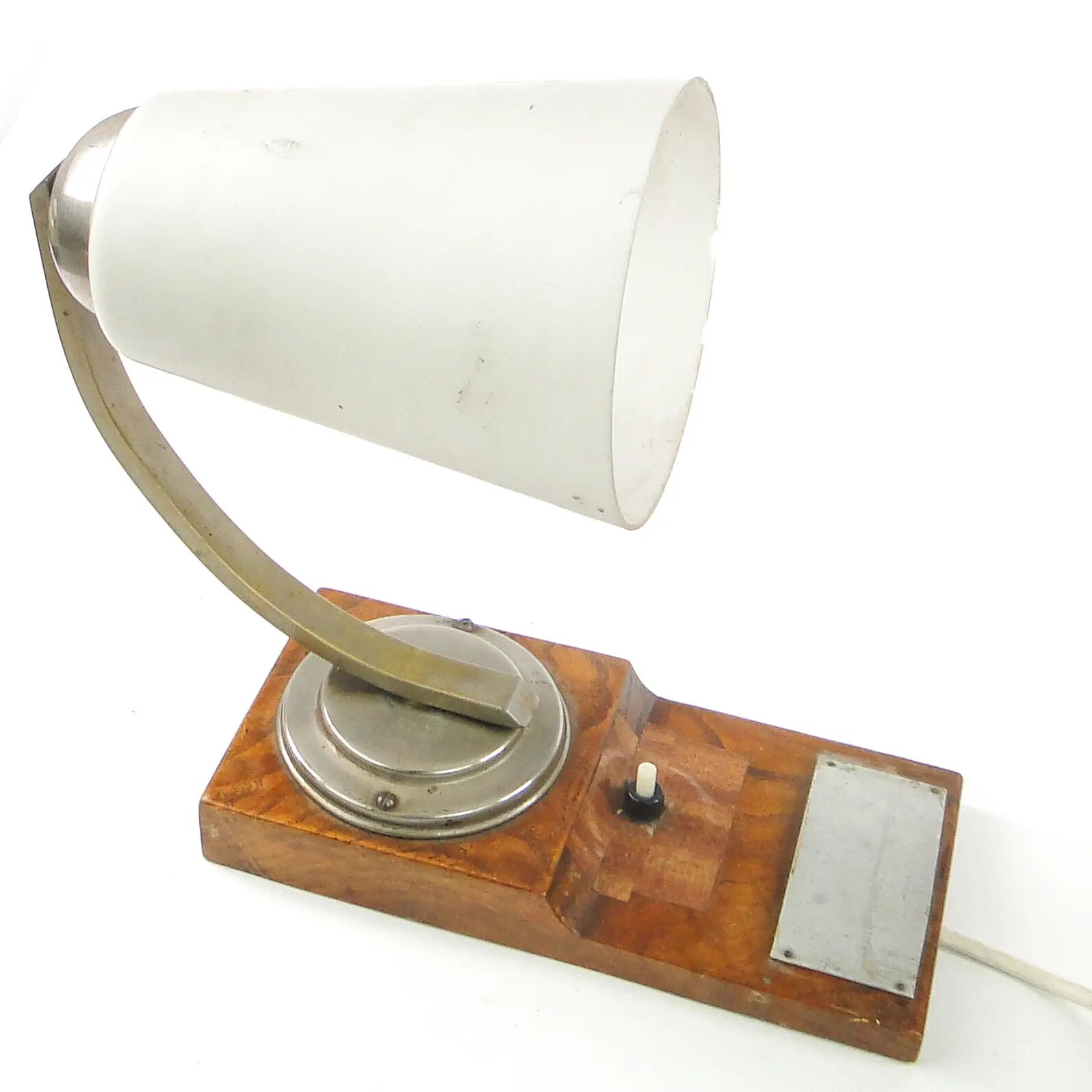 Art Deco wall lamp, nickel-plated brass, walnut wood, Czechoslovakia, 1950s