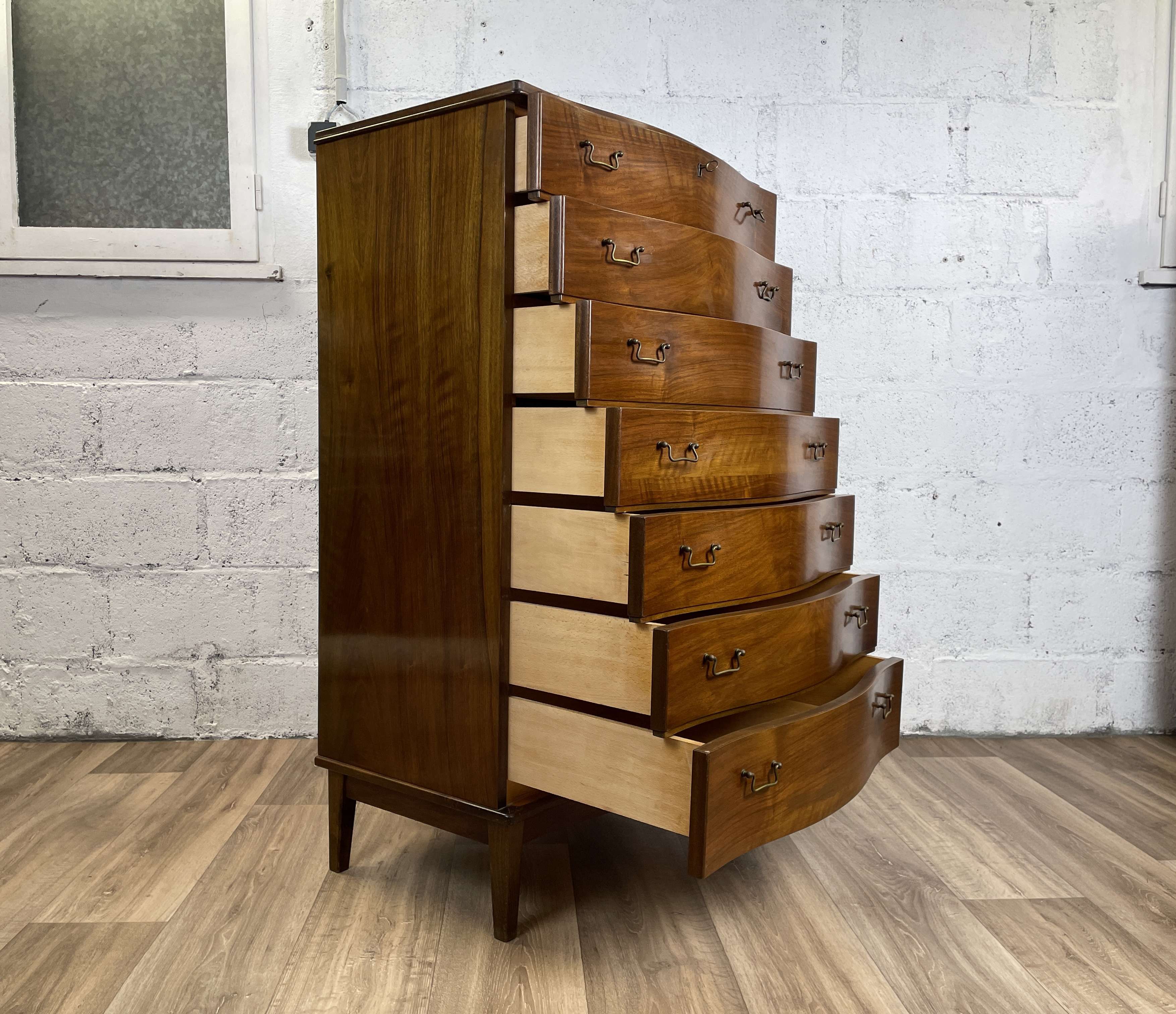 Curved face chest of drawers 7 drawers Scandinavian vintage lacquered walnut, 60s