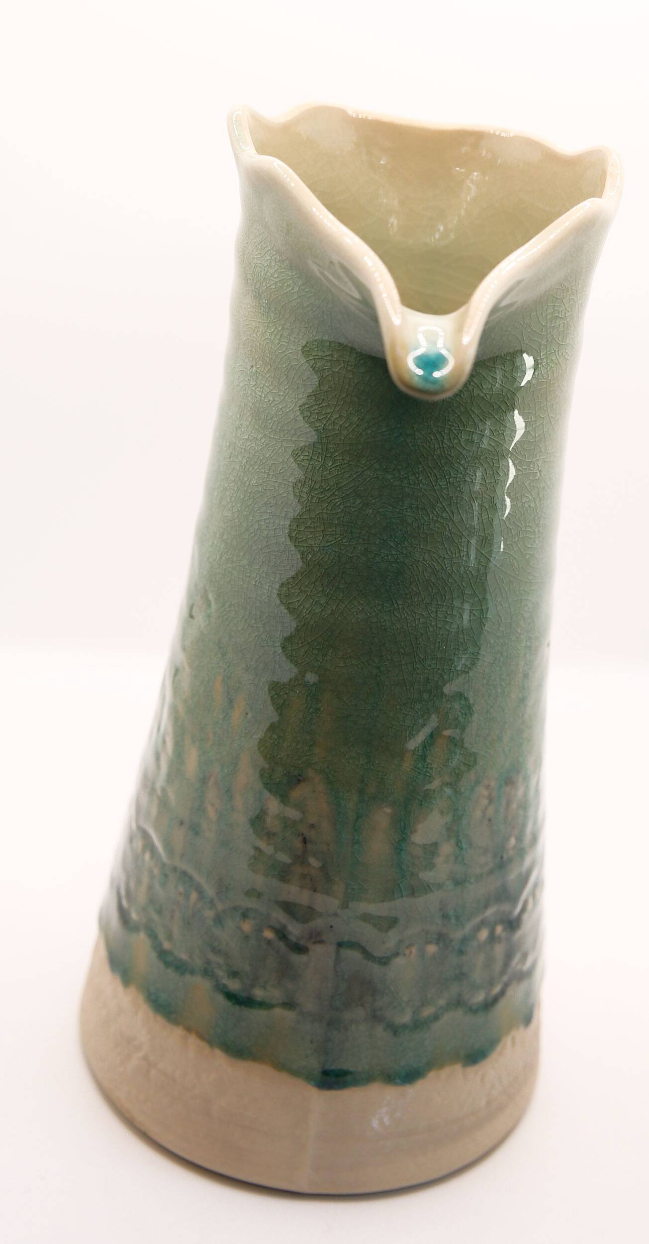 Handcrafted XL pitcher in mint green enameled stoneware