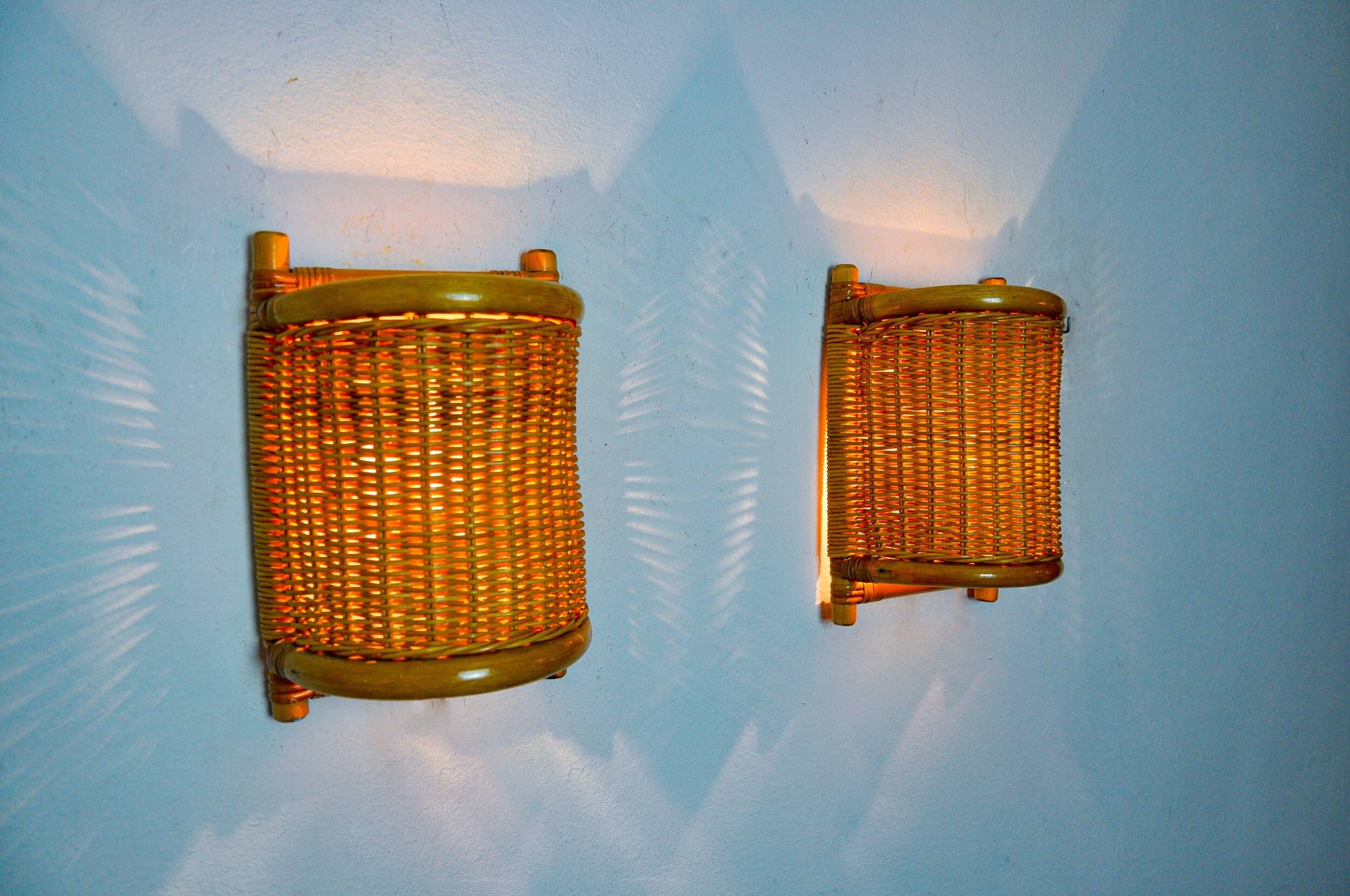 Pair of rattan sconces, France, 1960