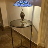 bronze lamp from 1900, solid, inlaid with enamels and glass shade