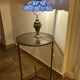 bronze lamp from 1900, solid, inlaid with enamels and glass shade