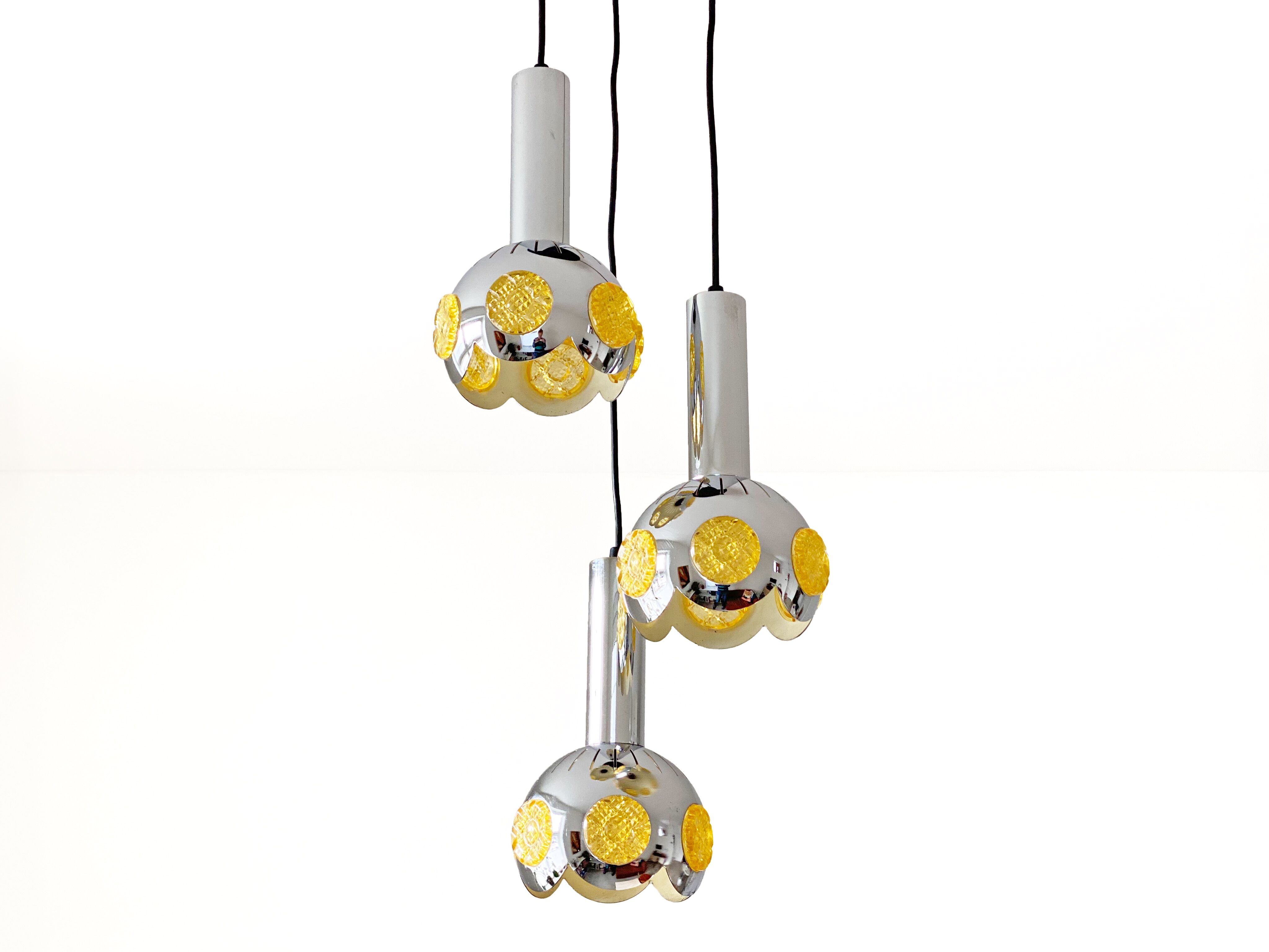 Vintage chrome cascade hanging lamp with yellow inserts