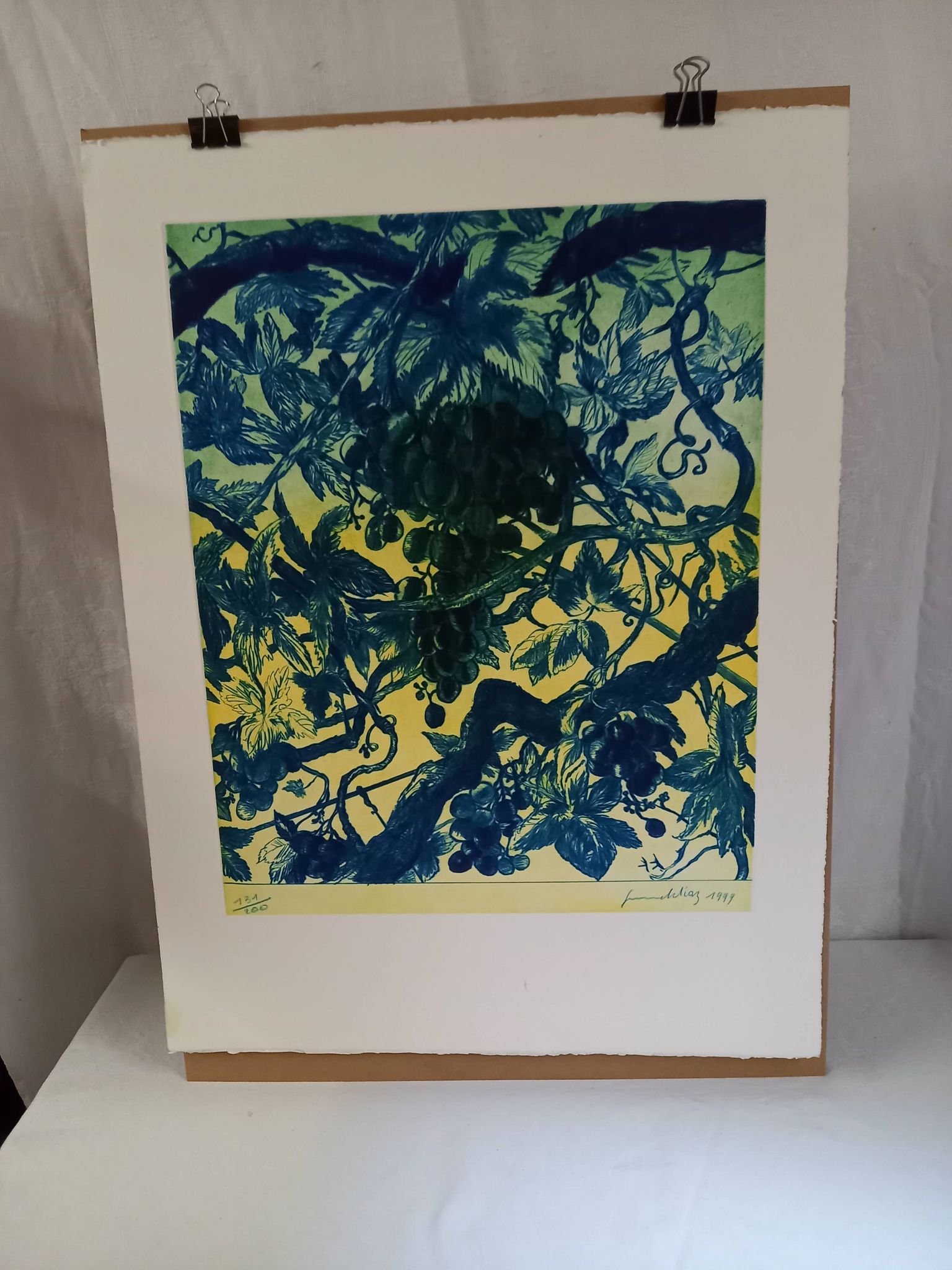 Original lithograph by Gérard Diaz (1938-2021), "the vine, the grape, the wine", 1999.